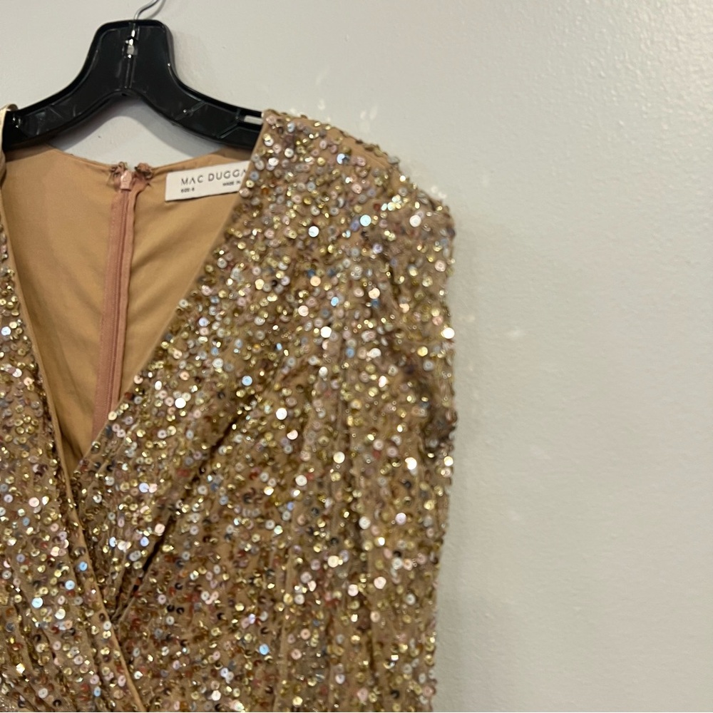 Mac Duggal Shimmering Gold Sequined Puff Shoulder Surplice Evening Gown -Reemoly - Picture 7 of 16
